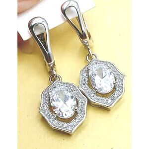 VTG 925 Sterling Silver Dangle Drop Earrings Cushion Cut Simulated Diamond Signe